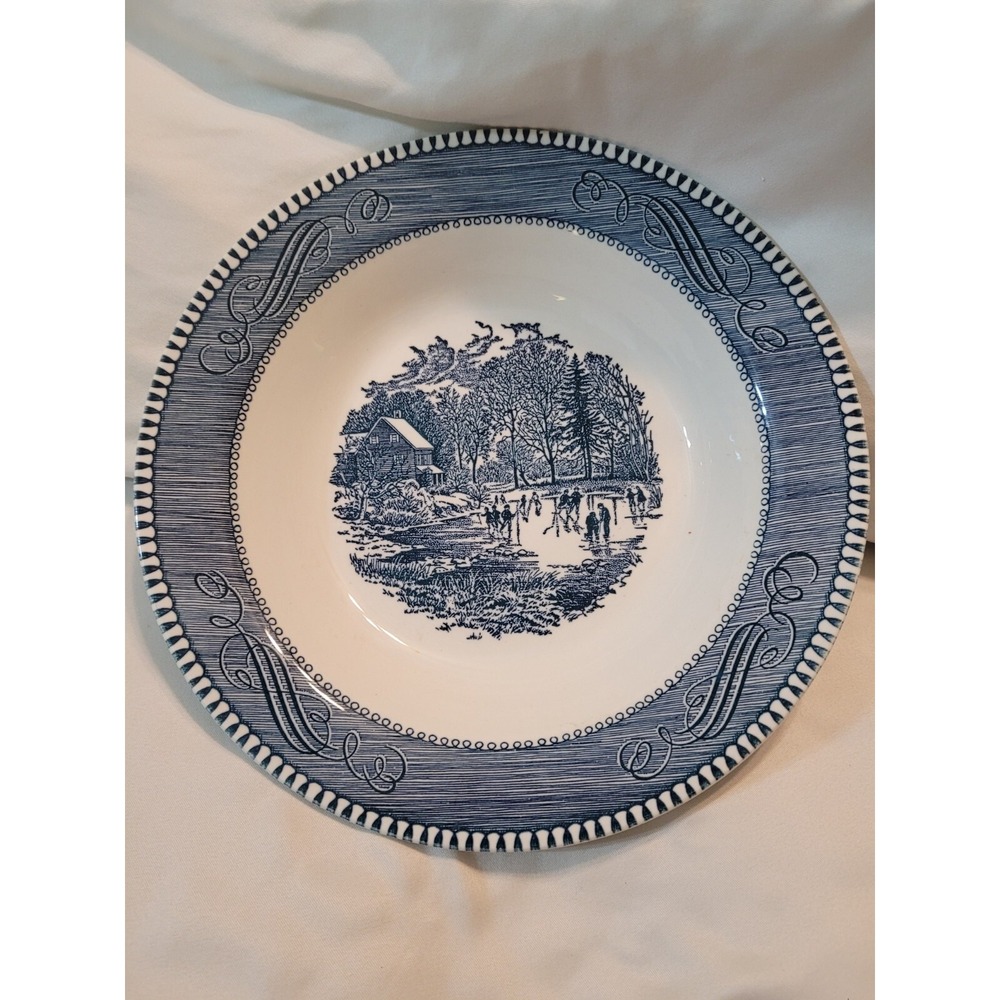 One Royal China Currier & Ives Blue EARLY WINTER 8-1/4 Rimmed Soup Bowl Vintage